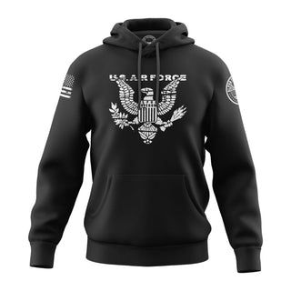 "Image shows black hoodie featuring the bold, patriotic phrase 'U.S.AIR Force."