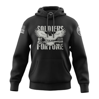 "Image shows black hoodie featuring the bold, patriotic phrase 'Soldier of Fortune."