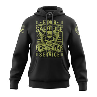 "Image shows black hoodie featuring the bold, patriotic phrase 'Honor the Sacrifice & Remember the Service."