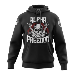 "Image shows black hoodie featuring the bold, patriotic phrase 'Alpha Freedom With Skull Design."