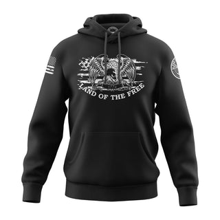 "Image shows black hoodie featuring the bold, patriotic phrase 'Land of The Free."