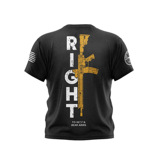 "Black T-shirt featuring 'Right To Keep And Bear Arms' text with M4 Gun." 