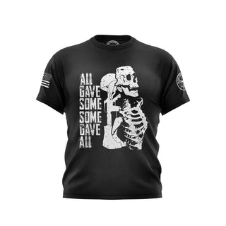 "Black T-shirt featuring 'All Gave Some Some Gave Al' text with patriotic graphics."