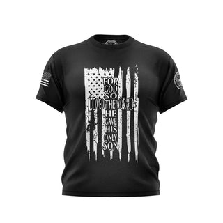 "Black T-shirt featuring 'For God So Loved The World He Gave His Only Son' text with patriotic graphics."