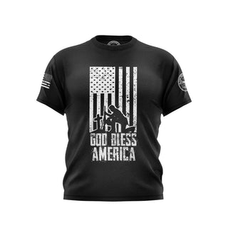 "Black T-shirt featuring 'God Bless America' text with patriotic graphics."