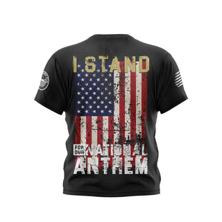 "Black T-shirt featuring 'I Stand For Our National Anthem' text with patriotic graphics."