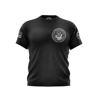 "Black T-shirt featuring 'Department Of The Navy USA ' text with patriotic graphics."