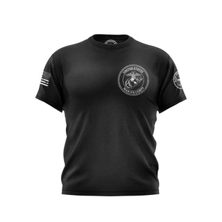 "Black T-shirt featuring 'United State Marine Corps' text with patriotic graphics."