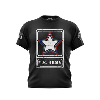 "Black T-shirt displaying 'US Army' text with a star."