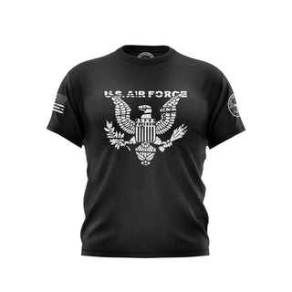 "Black T-shirt featuring 'US AIR Forces' text with patriotic graphics."