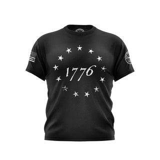 "Black T-shirt featuring '1776' text with Stars." 