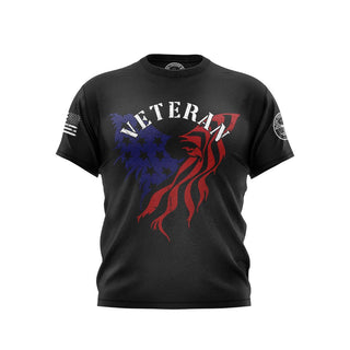 "Black T-shirt featuring 'Veteran' text with patriotic graphics." 