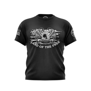 "Black T-shirt featuring 'Land of The Free' text with patriotic graphics." 