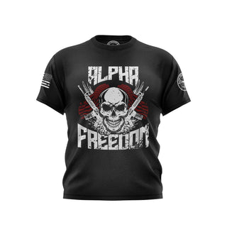 "Black T-shirt featuring 'Alpha Freedom' text with patriotic graphics." 