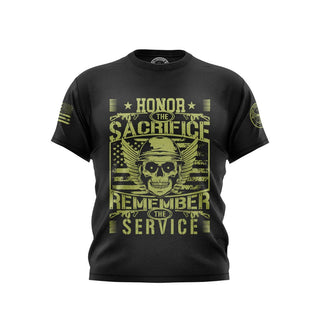 "Black T-shirt featuring 'Honor The Sacrifice, Remember The Service' text with patriotic graphics."