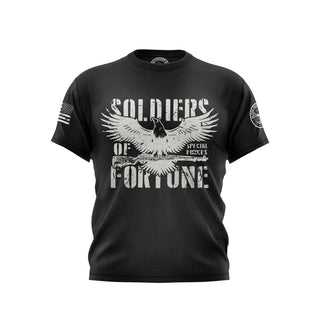 "Black T-shirt featuring 'Soldier of Fortune' text with patriotic graphics." 