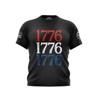 "Black T-shirt featuring '1776' text with patriotic graphics." 