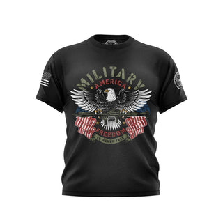 "Black T-shirt featuring 'Military America Freedom is Never Free' text with patriotic graphics."  