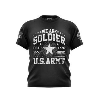 "Black T-shirt featuring 'We are Soldiers U.S. Army' text with patriotic graphics."