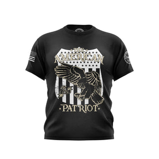 "Black T-shirt featuring 'The American Patriot' text with patriotic graphics." 