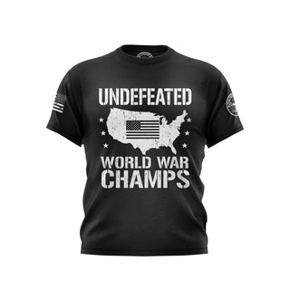 "Black T-shirt featuring 'Undefeated World War Champs' text with patriotic graphics." 