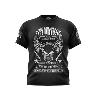 "Black T-shirt featuring 'A Well Regulated Militia Being Necessary To True' text with patriotic graphics."