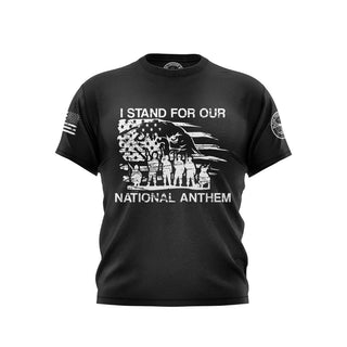 "Black T-shirt featuring 'I Stand For Our National Anthem' text with patriotic graphics."