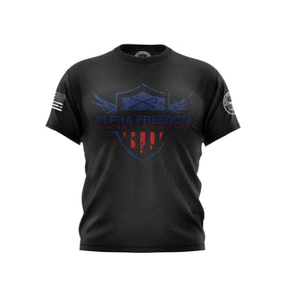 "Black T-shirt featuring 'Alpha Freedom' text with patriotic graphics."