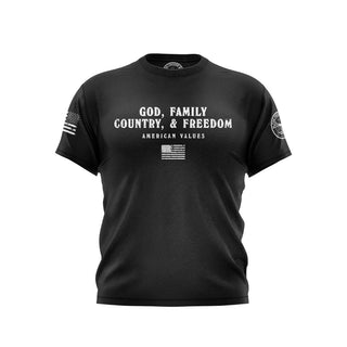 "Black T-shirt featuring 'GOD family Country & Freedom' text with patriotic graphics."